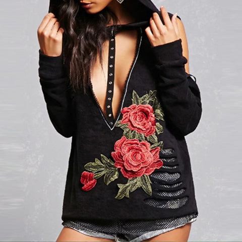 2017 New Women Hoodies Sweatshirt Casual Long Sleeve Vintage Floral Embroidered Top Hollow Out Sexy Autumn Spring Pullover Hoody