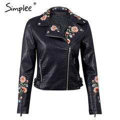 Simplee Embroidery basic jacket coat outerwear & coats Black faux leather jacket women Short winter bomber jacket female coat