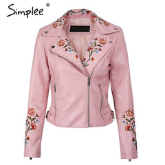 Simplee Embroidery basic jacket coat outerwear & coats Black faux leather jacket women Short winter bomber jacket female coat