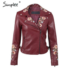 Simplee Embroidery basic jacket coat outerwear & coats Black faux leather jacket women Short winter bomber jacket female coat