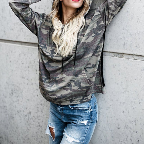 2017 Fashion Women Hooded Long Sleeve Pockets Drawstring Casual Sweatshirt Camouflage Print Loose Streetwear Pullover Top Blusas